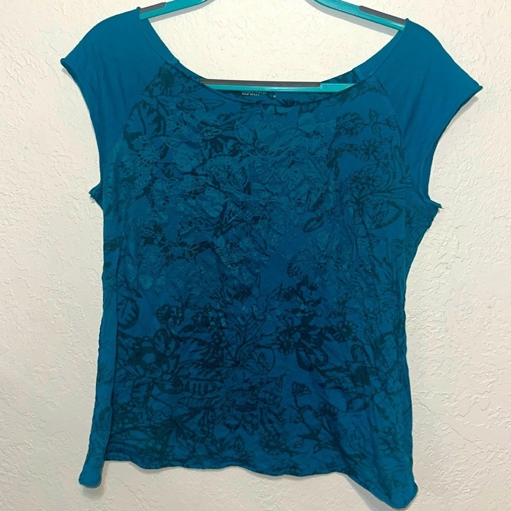Calvin Klein Womens Teal Blue Floral Graphic Print Cotton Scoop Neck Top Medium